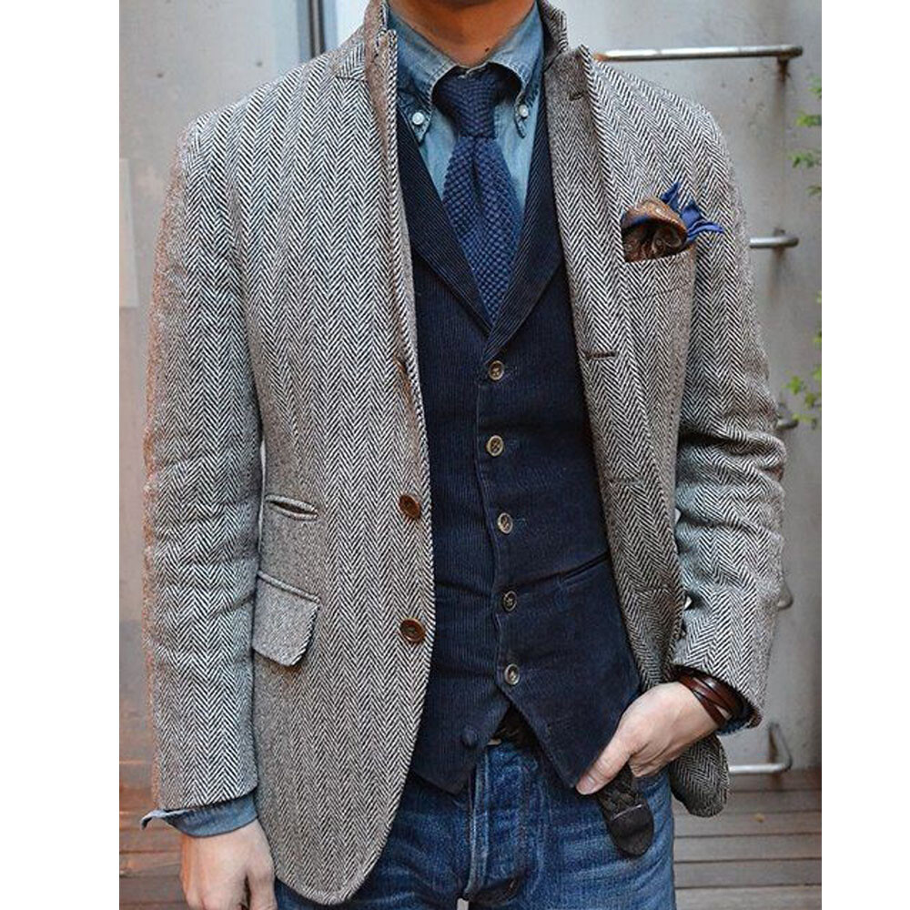 Men Gray Blazer Herringbone Tweed Check Prom Party Groom Tuxedo