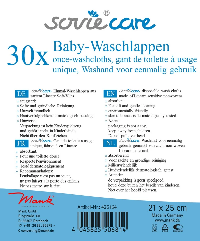 MANK Sovie Care Baby Waschlappen aus Lincare Soft Vlies, 21 x 25 cm, 30 Stück