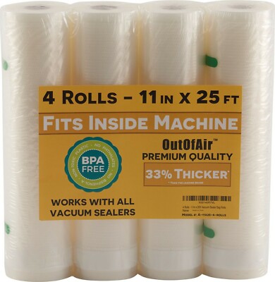 4 - 11'' x 25' Vacuum Sealer Bag Rolls Fit Inside Machine 100ft total by OutOfAir