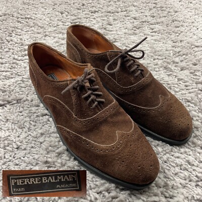 Pierre Balmain Paris Men's Size 10 Brown Suede Leather Wingtip Oxford