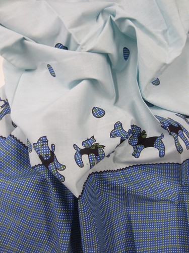 Vintage Blue Green Polka Dot Check PUPPIES Border Cotton Broadcloth Fabric 2 Yds - Picture 6 of 8