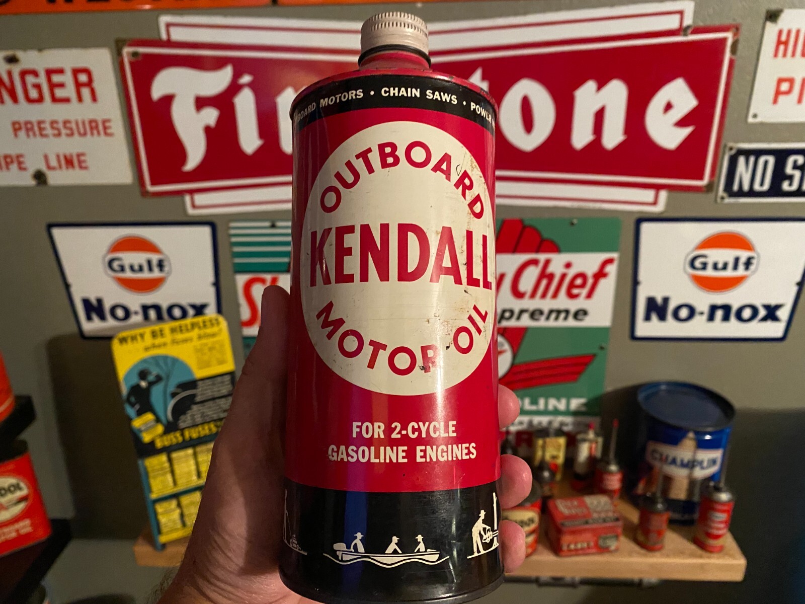 RARE VINTAGE KENDALL OUTBOARD MOTOR OIL CAN FULL 1 QUART FOR 2CYCLE