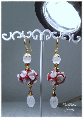 Vintage Ohrringe Barock Rokoko Stil Rot Weiß Gold Glas Lampwork