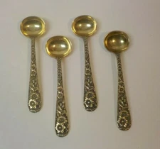  Set/4 S. Kirk & Son REPOUSSE Sterling Silver Gilded Salt Spoons