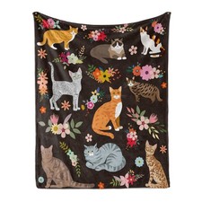 Cats Blanket Cat Present Soft Flannel Lightweight Cats and Flowers Throw Blan...