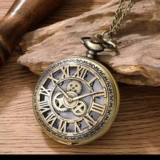 Bronze Steampunk Roman Numeral Pocket Watch Necklace Quartz
