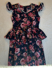 Vintage 1980s Girls Floral Peplum Dress Navy Pink Roses Lace Trim Bows 6 7