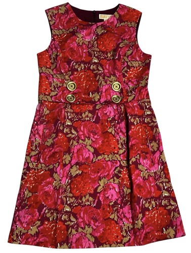 Michael Kors Sheath Lined Dress Floral Sleeveless Pink Red Gold Buttons Sz 8