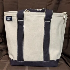 Lands' End Canvas Mini Tote Bag With Key Chain Natural Navy Blue Handles 12x10 