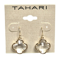 NEW TAHARI GOLD TONE CLOVER FACET GLASS DANGLING,DROP EARRINGS
