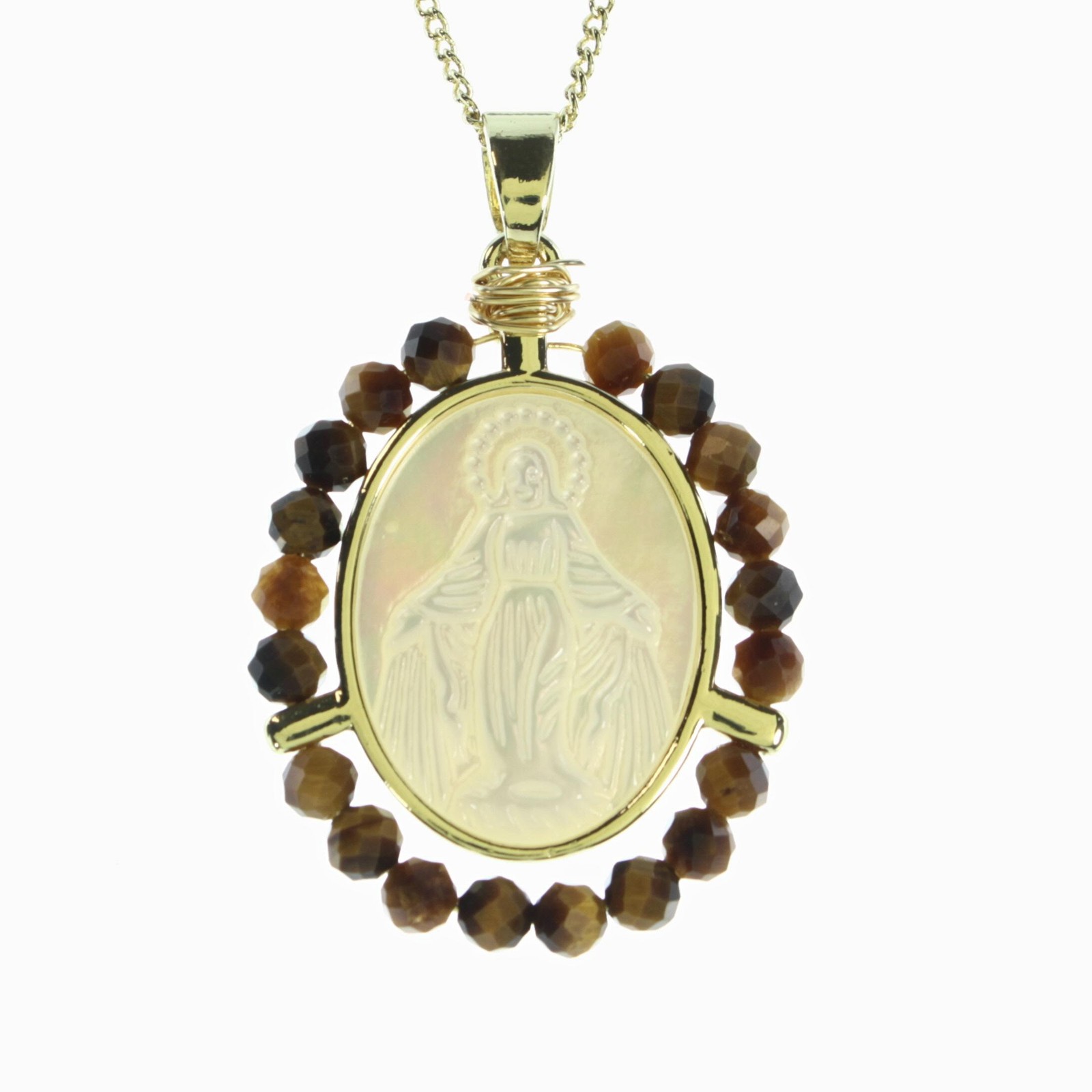 Collier Vierge Miraculeuse doré et Oeil de Tigre, le cadeau spirituel parfait avec sa boîte