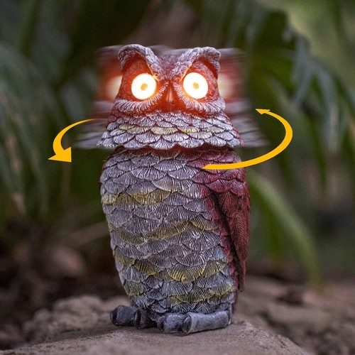 Garden Owl Statue - Resin Owl Figurines with Solar Powered Light Eyes and Spr...