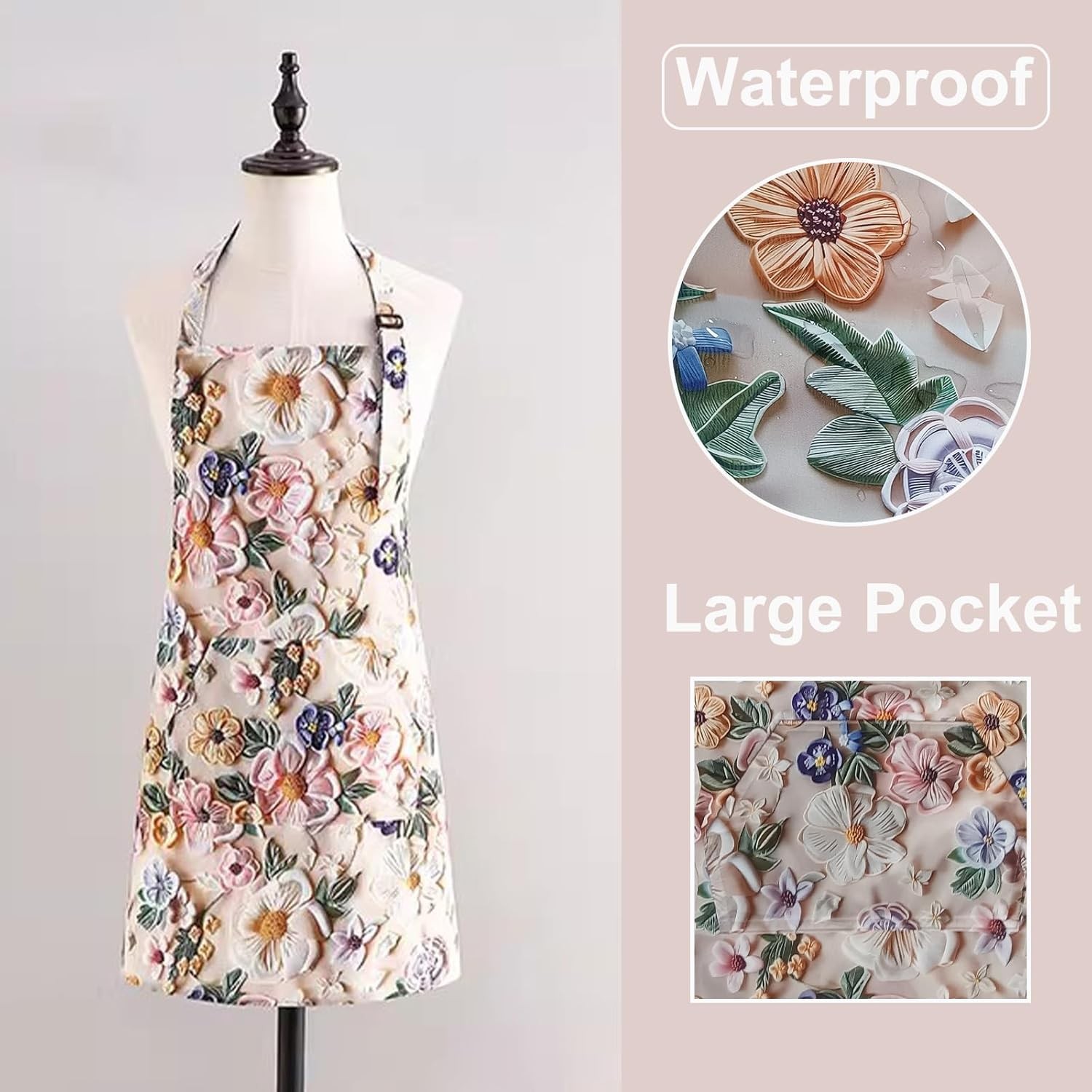 Floral Apron for Women with Pockets, Adjustable Chef Aprons for Kitchen, Cooking