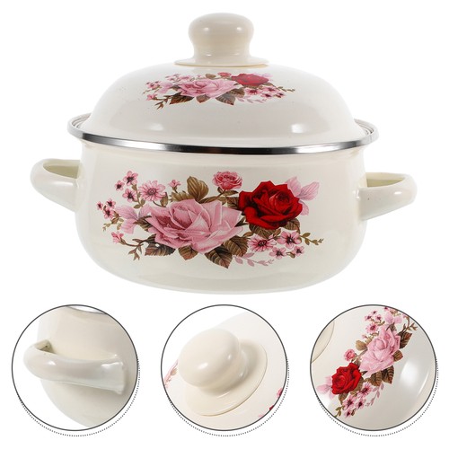 Enamel Pot With Lid Double Handles Stockpot Large Capacity 1000ml Cooking Pot En - Picture 6 of 10
