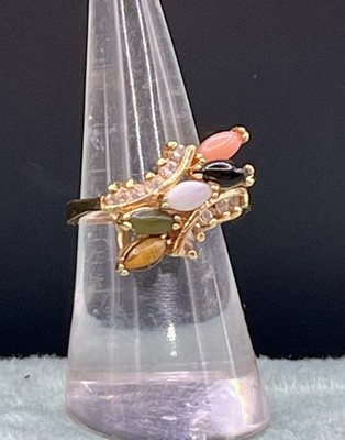 VTG. 14k GOLD FILLED Multi Stone Cluster Bypass Ring Opal, Onyx, Coral SZ 6