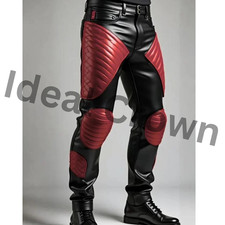 Men’s Real Cowhide Leather Biker Pants Black Slim Fit Red Quilted pant-All Sizes
