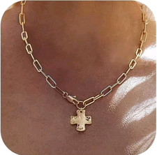 Chunky Cross Pendant Necklace Gold Tone Paperclip Chain 0.8  Cross Fashion Jewel