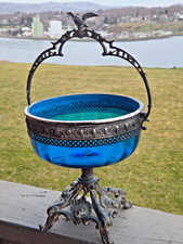 ANTIQUE BRIDE'S BASKET CENTERPIECE SAPPHIRE BLUE BOWL SILVERPLATE FIGURAL HOLDER