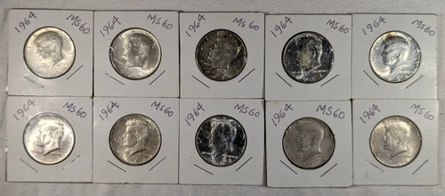 LOT OF 10 UNC 1964 KENNEDY HALF DOLLAR COINS $5 FACE VALUE UNCIRCULATED #85