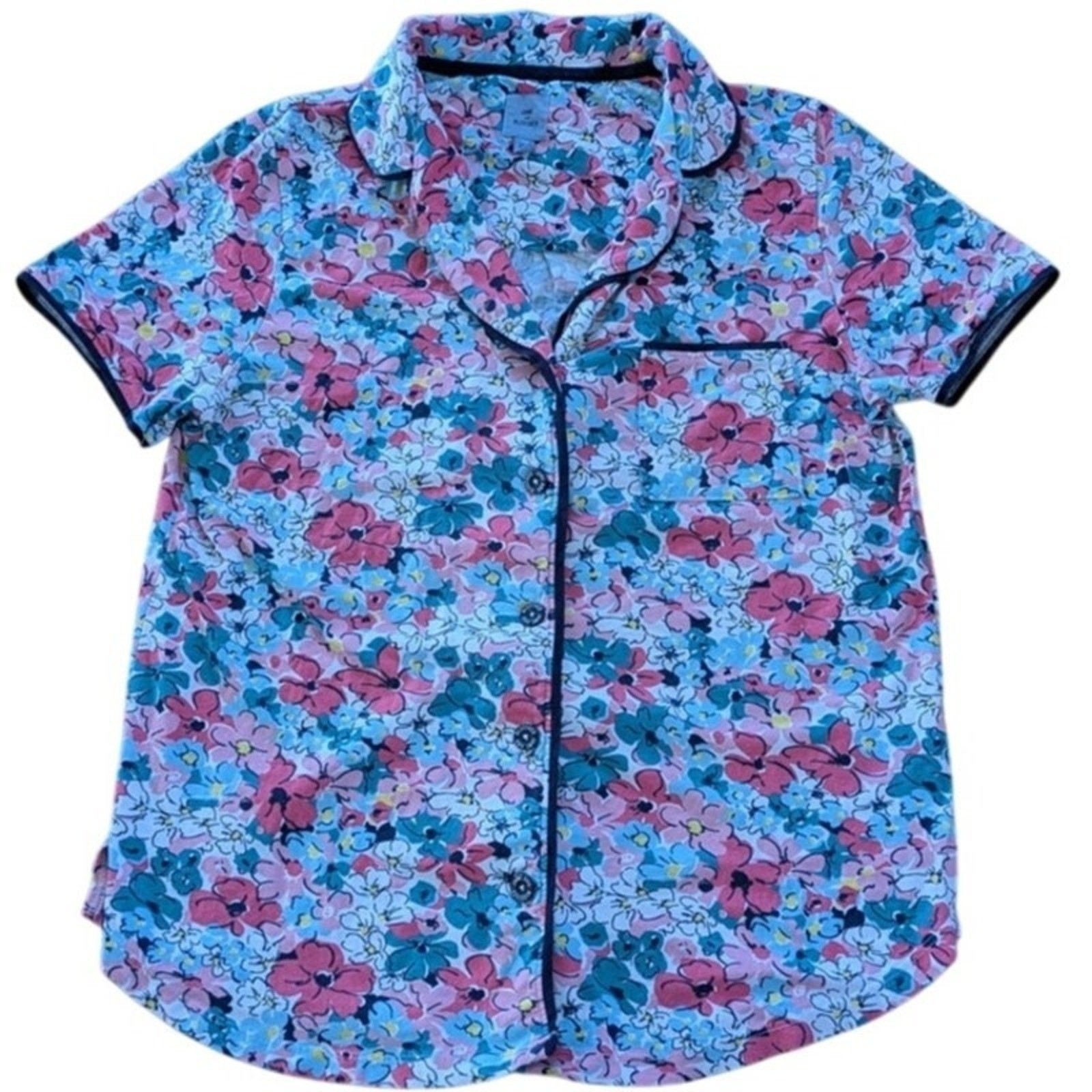 Jane and Bleecker Womans Size S White Floral Short Sleeve Pajama Shirt Button Up