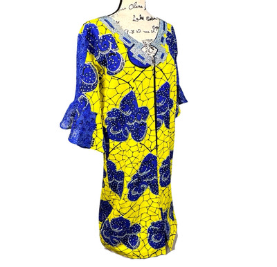 African Ankara Dress Yellow Blue Rhinestone Bling Dry Lace Sleeve US 18-20