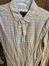 Johnston & Murphy Men's Beige Blue Plaid Long Sleeve Button-Up Shirt Size M