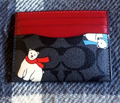 COACH Slim Id Card Case Signature Canvas with Polar Bear Print RARE