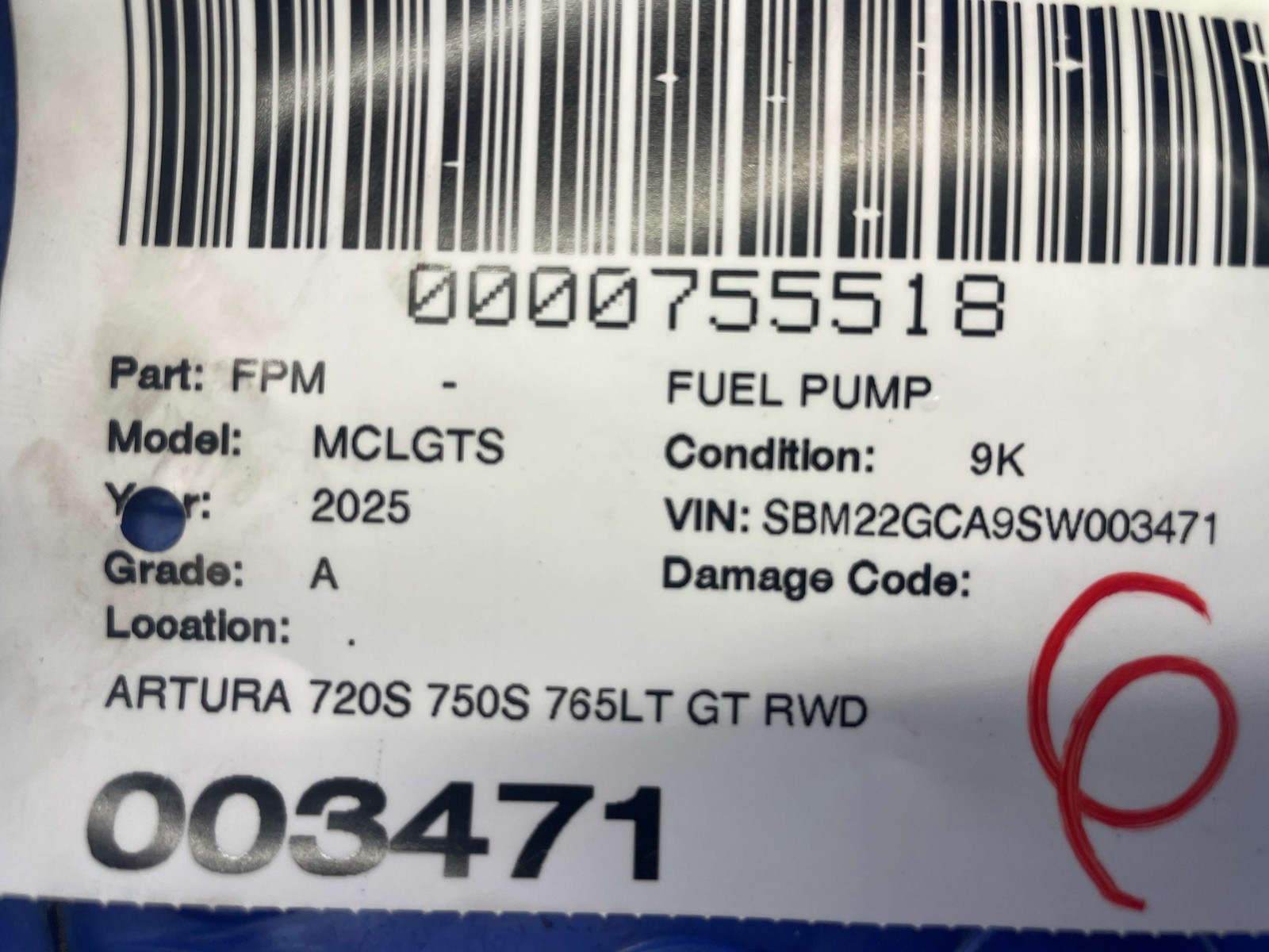 2018-2026 MCLAREN GTS Artura 720s 750s 765lt GT OEM RWD 4.0L TANK FUEL PUMP