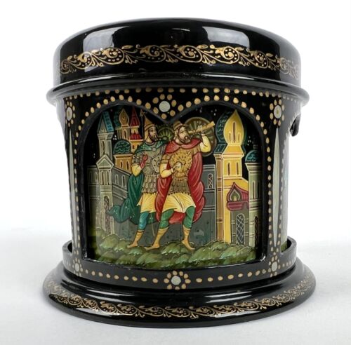 BOÎTE PEINTE EN LAQUE RUSSE VINTAGE PAHLEKH scène de fête - Photo 3 sur 9
