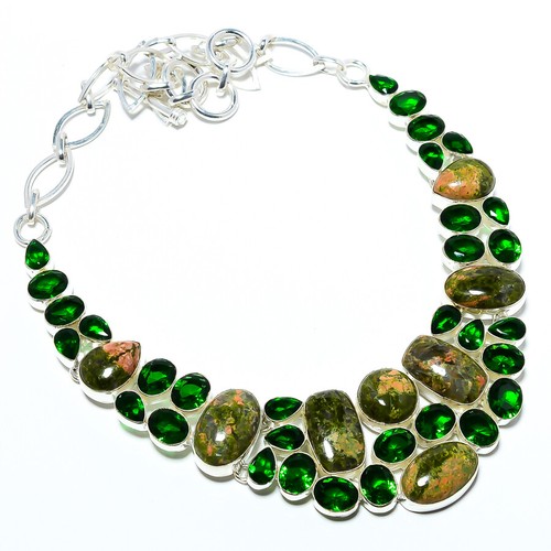 Unakite Jasper & Chrome Diopside 925 Sterling Silver Necklace 17.99" T20