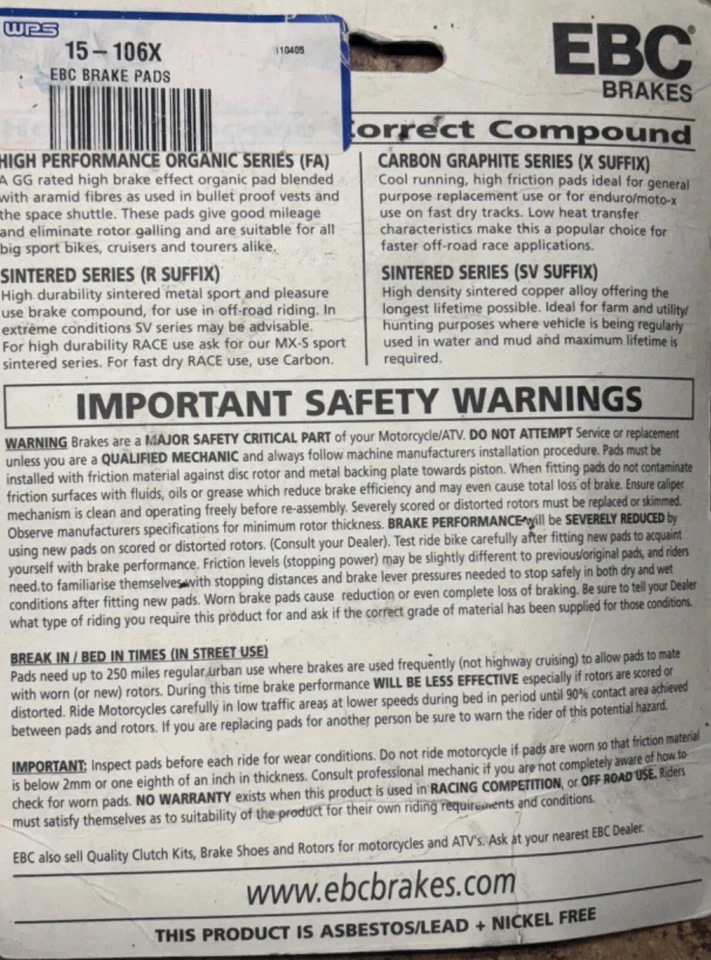 Pastillas de freno delanteras de carbono serie X EBC 1985-1986 SUZUKI RM125 RM250 RM 125 250 Foto 2 de 3