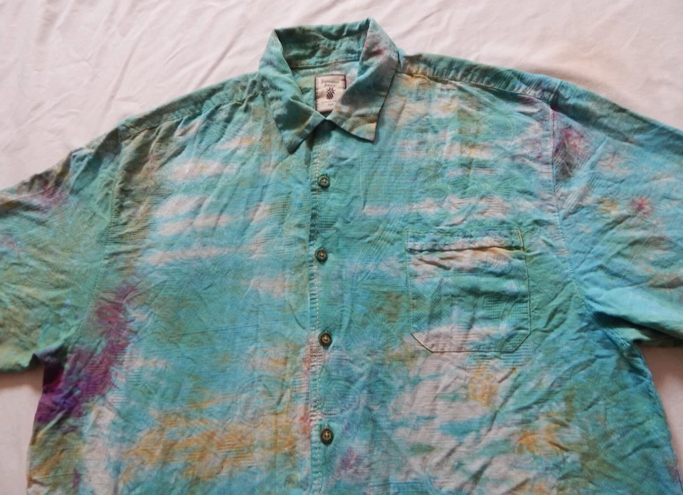 Camisa de seda tie dye azul verde a rayas abotonada - XL para hombre hecha a mano psicodélica Foto 4 de 4