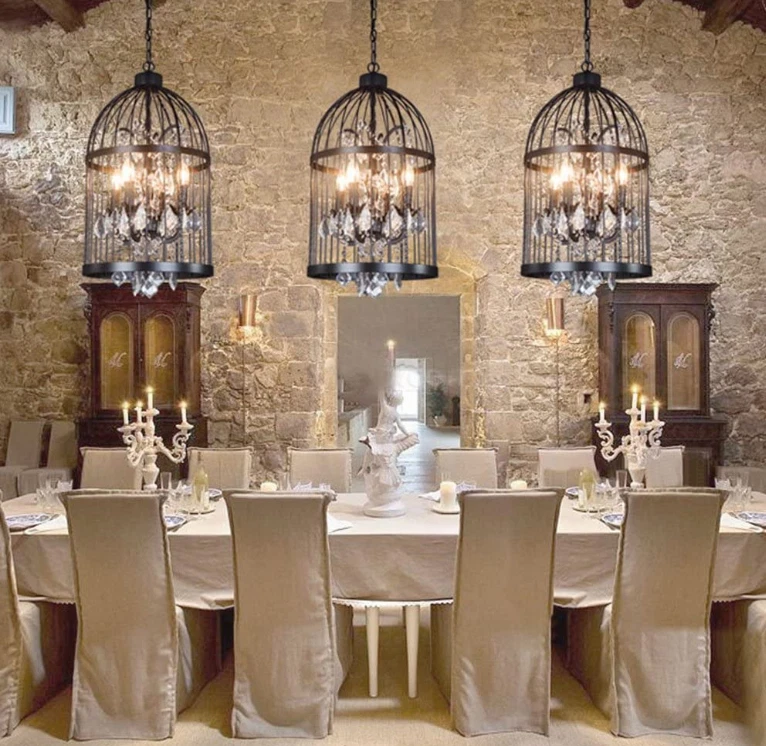 Vintage Black Wrought Iron Bird cage Chandelier Crystal Hanging Ceiling Light - Image 4 of 4