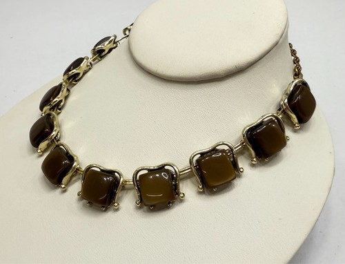 Vintage Choker Brown Thermoset Moonglow Gold Tone Unsigned MCM Estate 16in Retro - Picture 9 of 18