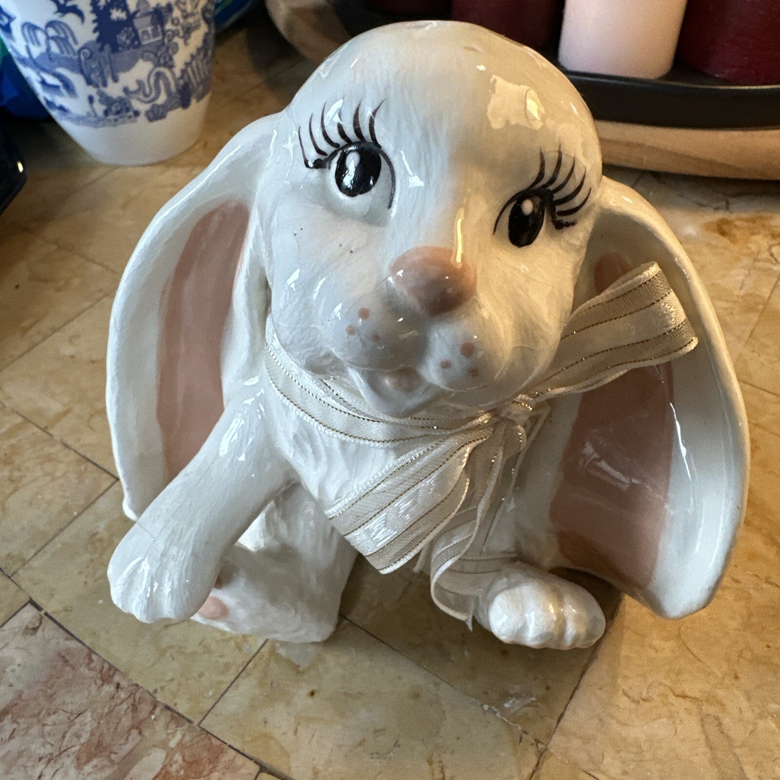 Ceramic White Bunny Long Eyelashes Figurine Easter Or All Year