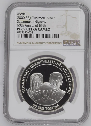 Turkmenistan 2000 33g NGC PF69 Niyazov60th Anniv. of Birth Silver Medal Coin