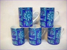 5 - Ceramic Coffee Tea Mugs Blue & Purple Floral Glazed Marked WCL