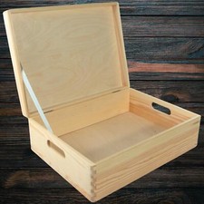 Large Wooden Storage Box with Lid & Handles 40x30x13 cm| Unfinished Craft Wood