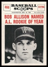 NM+/- BOB ALLISON 1961 NU-CARD SCOOPS #466 UNCREASED NEAR MINT ROOKIE TPHLC-6497. rookie card picture