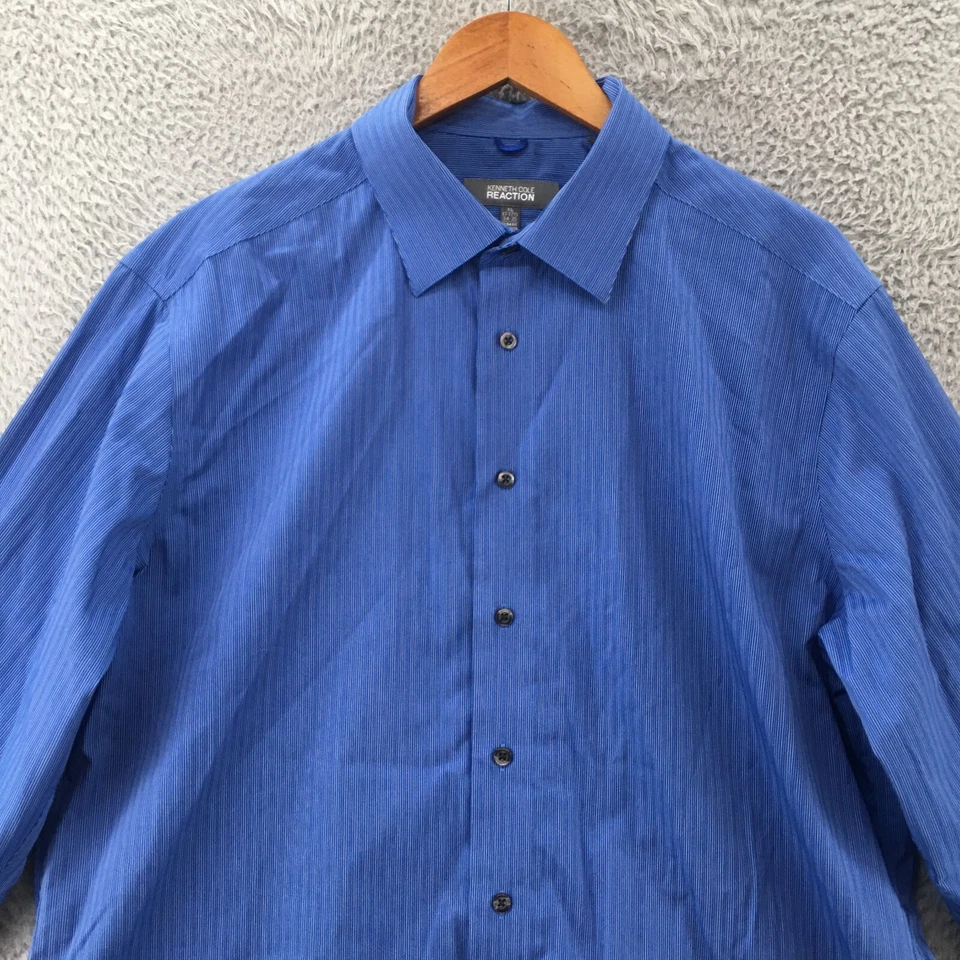 Kenneth Cole 反应礼服衬衫男式 XL 蓝色胸针条纹纽扣长袖 — 第 2/4 张图片