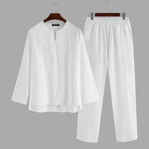 Mens Long Sleeve Cotton Linen Casual Loose Pajamas Suits Night Loungewear Set - Picture 27 of 27