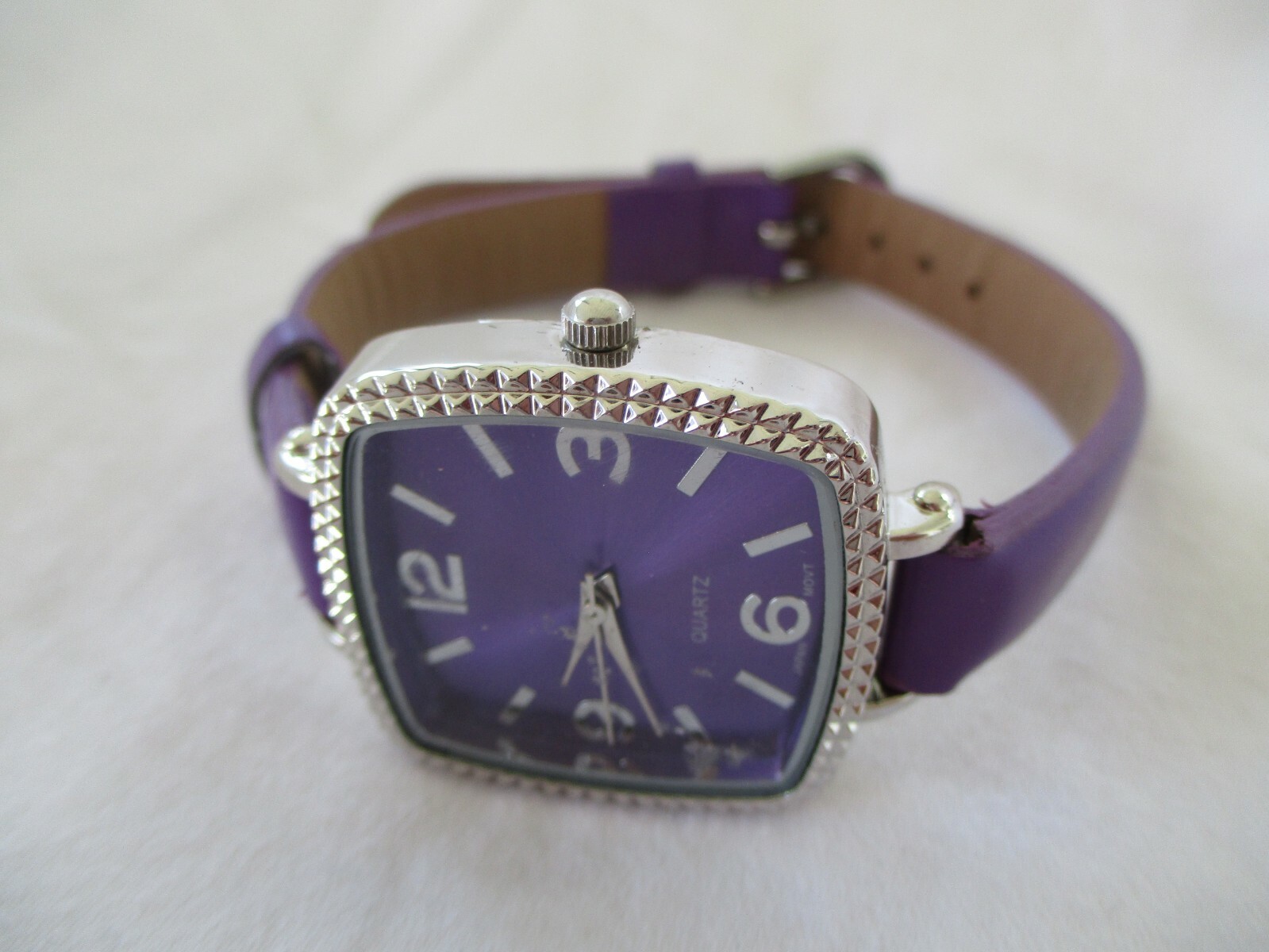 Wristwatch Rectangular Face Silver Tone Purple Bu… - image 2
