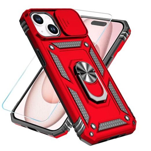 Compatible with iPhone 15 Case with HD Screen Protector & Slide Camera Red-image