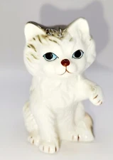Vtg Bone China Cat Figurine White w/ Brown Spots Blue Eyes Paw Up