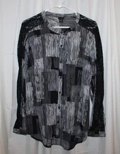Attention® Black Gray White Button Front Blouse w/Lace Long Sleeves - Size XL