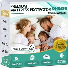 OhGeni 100% Waterproof Mattress Protector, King Size, Fitted King, White 