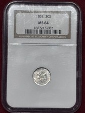 1852 3CS Three Cent Silver NGC MS64-SUPERB BRIGHT LUSTER-WELL DEFINED STRIKE-PQ+