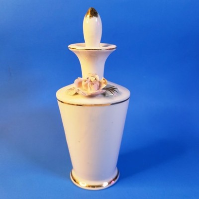 Vintage Porcelain Perfume Bottle w Stopper White Pink Gold Trim Made in Japan 6''