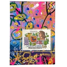 ACEO Original Art Acrylic Collage Mixed Media 3D 1969 Hungary Postage Stamp ATC
