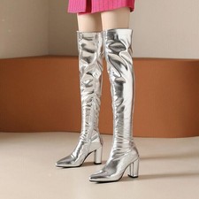 Women's Shiny Pointed Toe Zip Over The Knee Boots Casual Club Block Heels Shoes